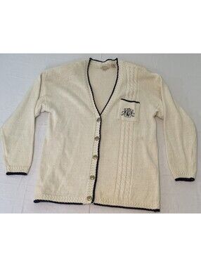 Vintage 70s Sue Brett Cardigan Sweater White/Blue SZ Large C6